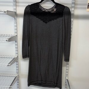LOFT Black and Gray Striped Dress with Lace Yoke